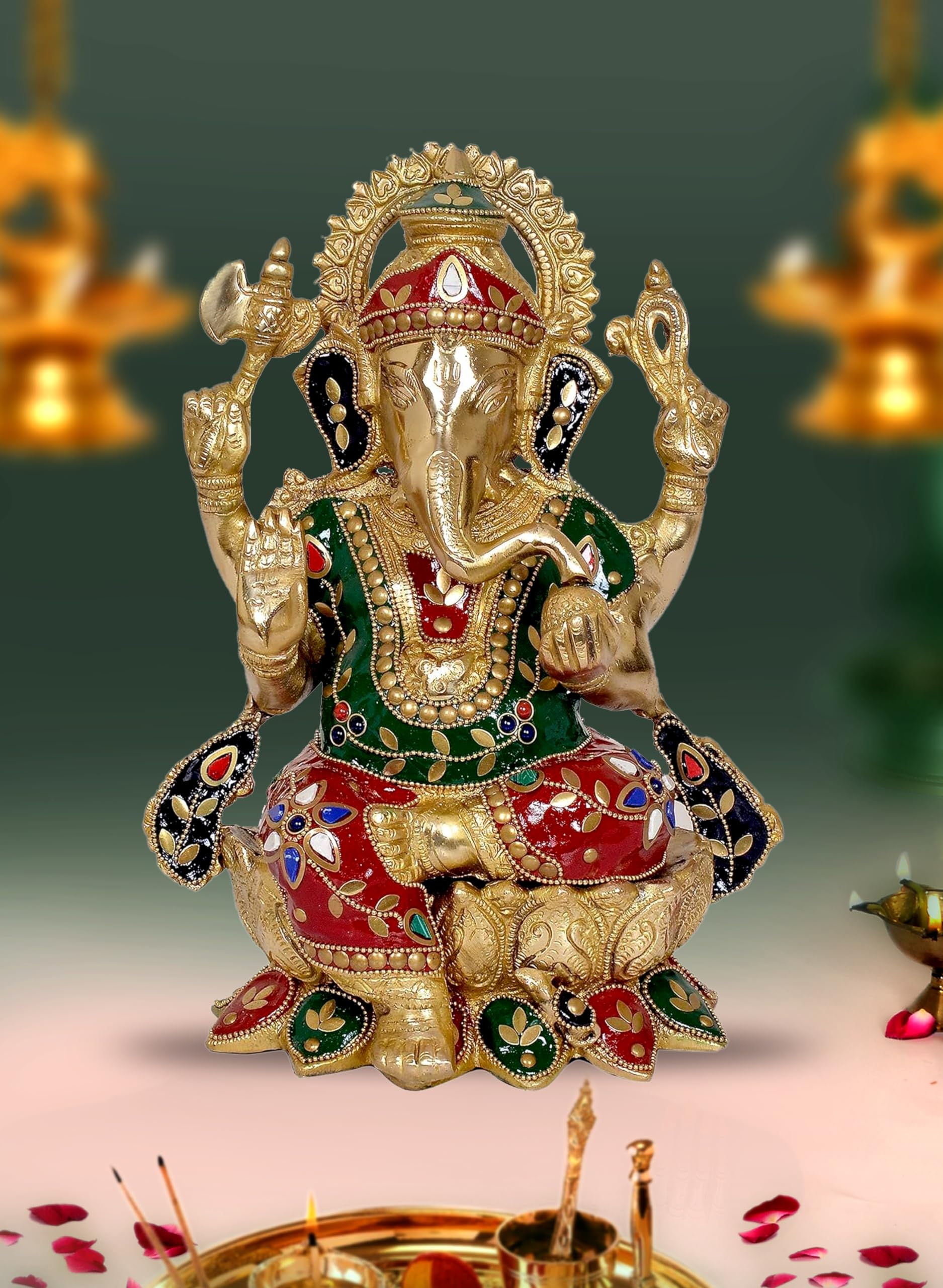 Dattatreya Brass Ganesha Ganesh Statue Idol Murti On Lotus For Home Decor | Height : 12 Inches